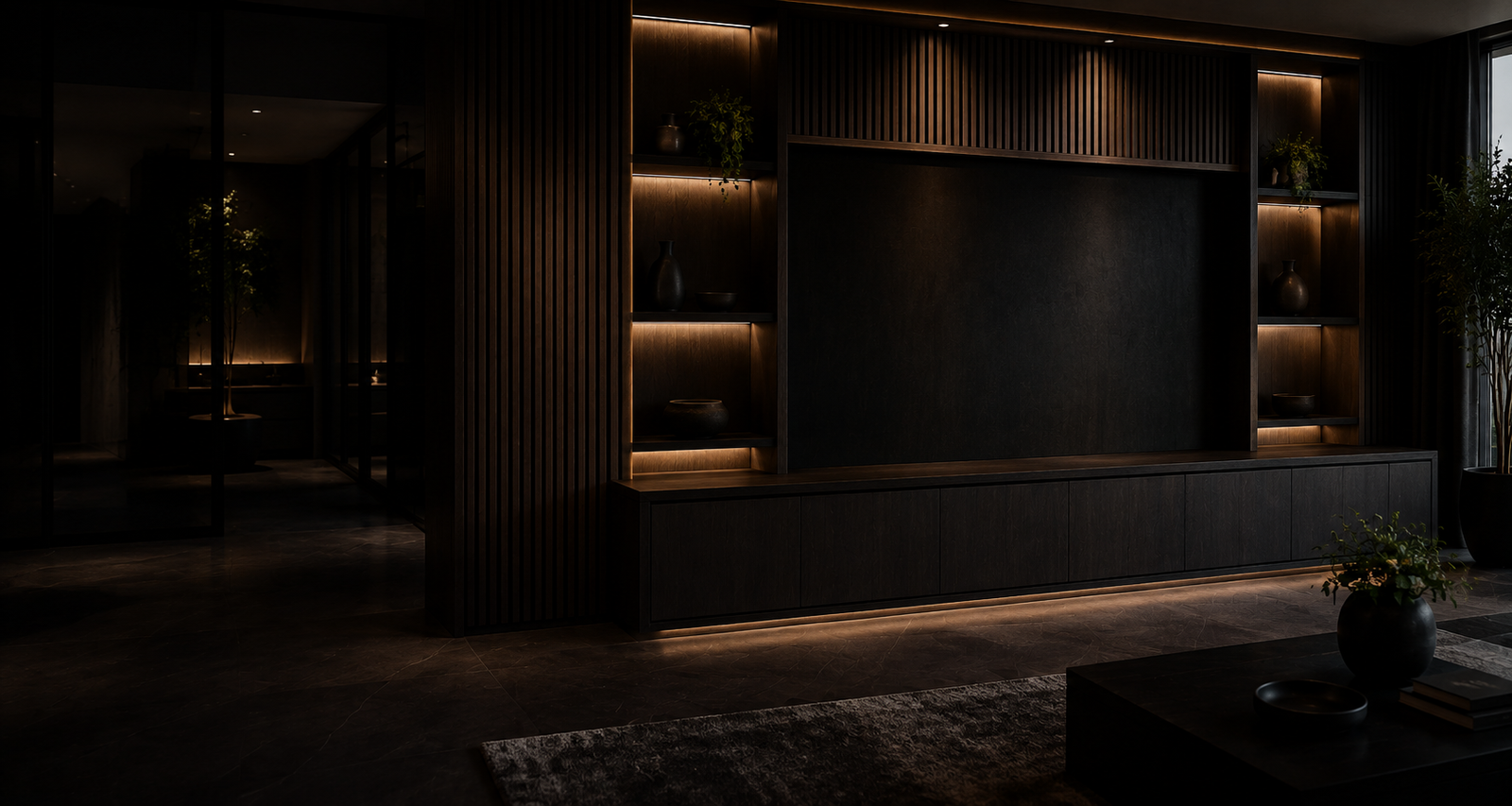 Dark, moody bespoke fitted media wall with warm ambient lighting and slatted timber panelling