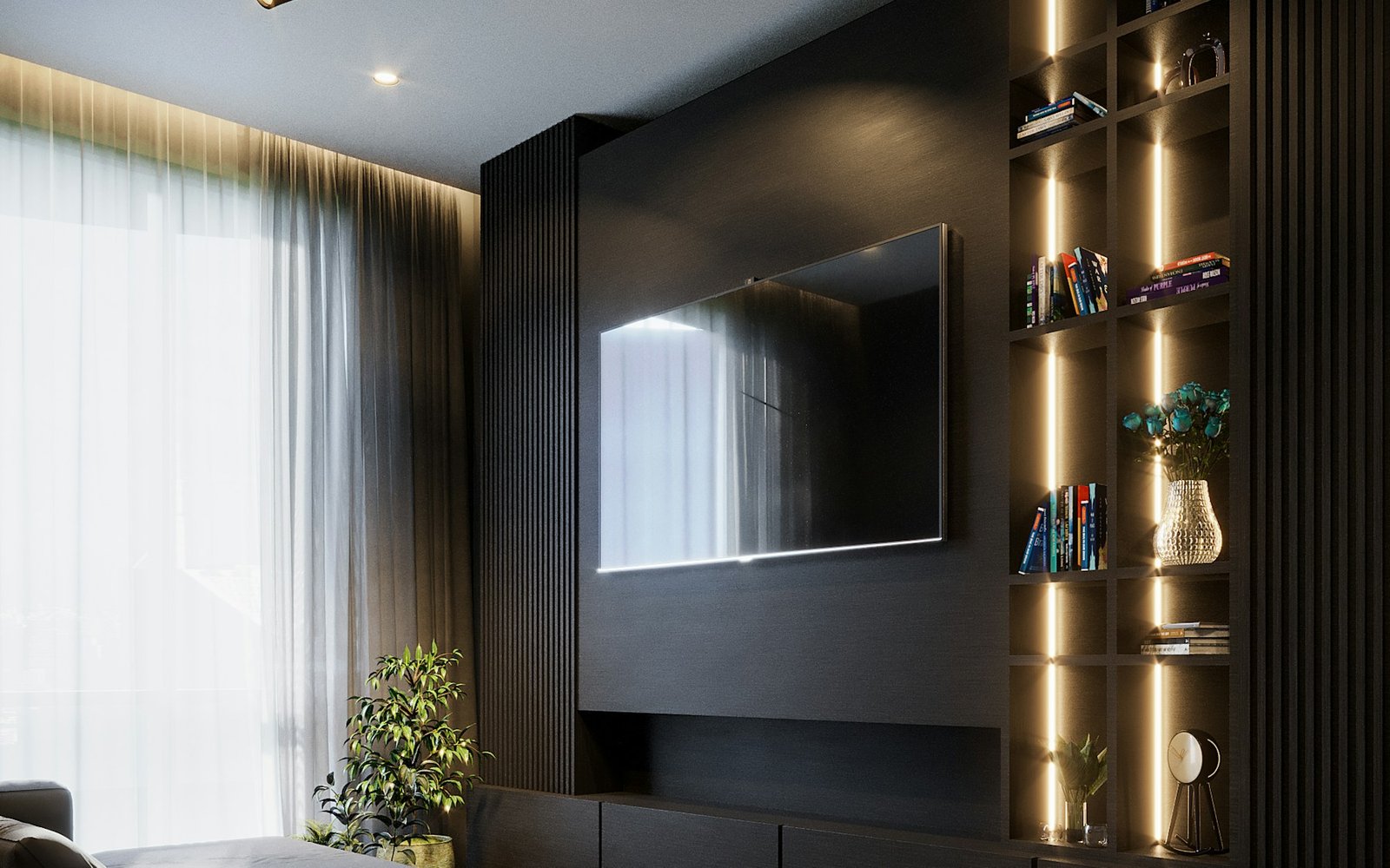 Finished bespoke media wall installation with integrated shelving